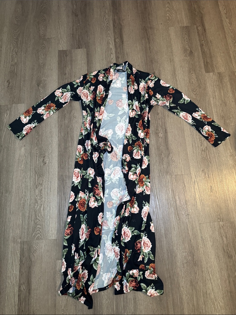 Floral Open-Front Duster Cardigan - Black with Pink Rose Print